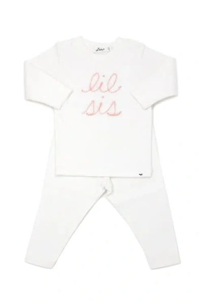 Oh Baby ! "lil Sis" Pink Sparkle Embroidered Two Piece Set In Cream