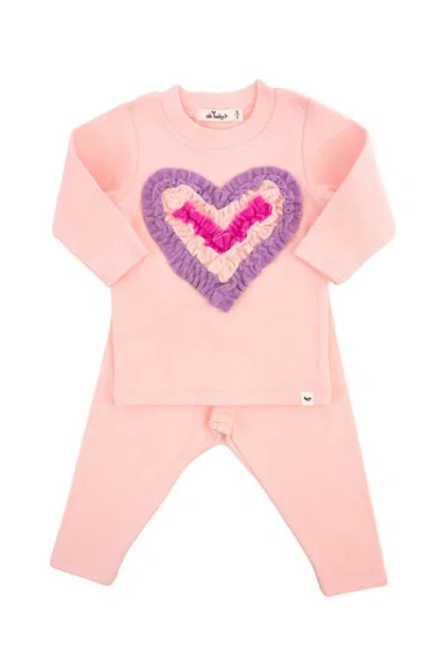 Oh Baby ! Multi Ruffle Heart Terry Applique Two Piece Set In Pale Pink