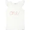 Oh Baby ! "one" Pink Embroidered Cotton Baby Rib Flutter Sleeve Tank In Cream