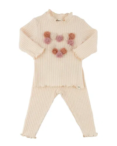 Oh Baby Poms Heart Lettuce-edge Mock Neck 2pc Set In Neutral