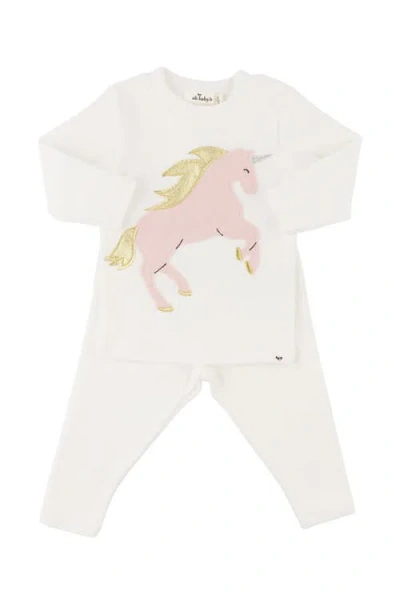 Oh Baby ! Prancing Unicorn Applique Long Sleeve Two Piece Set In Cream