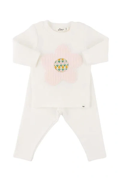 Oh Baby ! Quilted Flower Applique Long Sleeve Two Piece Set In Cream