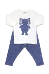 Oh Baby ! Ragdoll Elephant Long Sleeve Cream Tee Mixed Two Piece Set In Blue Heather