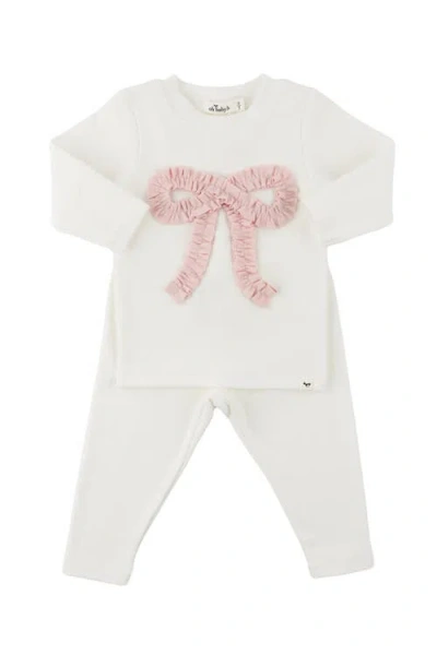 Oh Baby ! Ruffle Knit Baby Pink Bow Applique Long Sleeve Two Piece Set In Cream