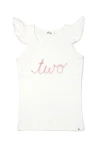 Oh Baby ! "two" Pink Embroidered Cotton Baby Rib Flutter Sleeve Tank In Cream