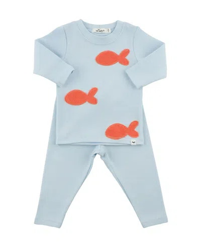 Oh Baby ! Unisex Goldfish Coral Applique 2-piece Tee And Pant Set - Baby In Blue