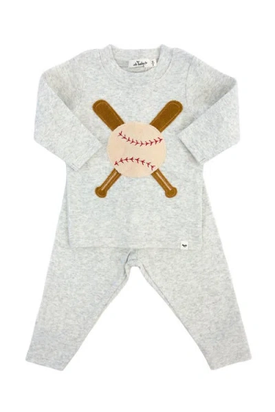 Oh Baby ! Vintage Baseball Terry Applique Two Piece Set In Heather Grey