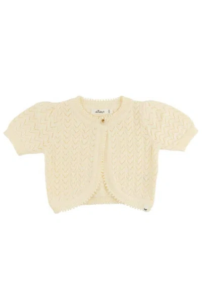 Oh Baby Kids' ! Wave Stitch Juliet Pointelle Short Sleeve Cardigan In Neutral