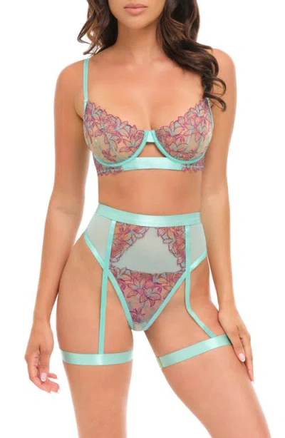 Oh La La Cheri Adaline Embroidered Mesh Underwire Bra & Thong With Garter Straps Set In Green