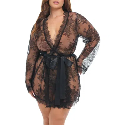 Oh La La Cheri Amoré Lace Satin Bow Robe In Black