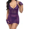 Oh La La Cheri Antoinette Floral Lace & Mesh Teddy, G-string & Gloves Set In Imperial Purple