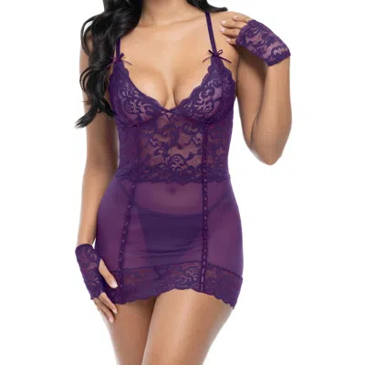 Oh La La Cheri Antoinette Floral Lace & Mesh Teddy, G-string & Gloves Set In Imperial Purple