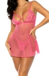 Oh La La Cheri Aphrodite Dot Mesh Chemise & G-string Set In Raspberry Sorbet
