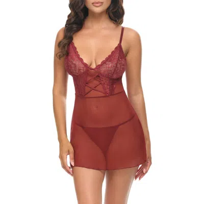 Oh La La Cheri Avery Mesh & Lace Chemise & G-string Set In Brown