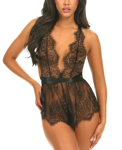 Oh La La Cheri Brea Eyelash Lace With Open Back Romper In Black