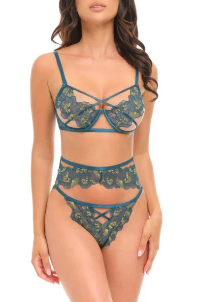 Oh La La Cheri Daphne Embroidered Strappy Underwire Bra, Garter Belt & Briefs Set In Blue