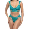 Oh La La Cheri Farah Strappy Lace Underwire Bra & Thong Set In Tropical Green