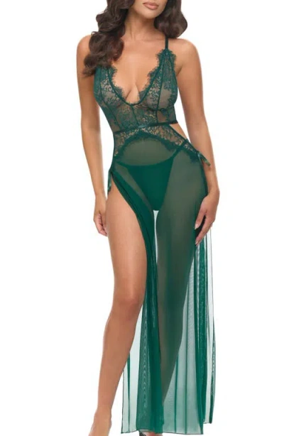 Oh La La Cheri Floral Lace Chiffon Long Chemise In Green