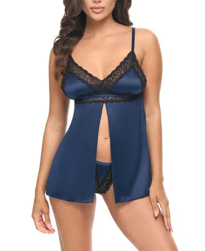 Oh La La Cheri Iris Satin & Lace Babydoll In Blue