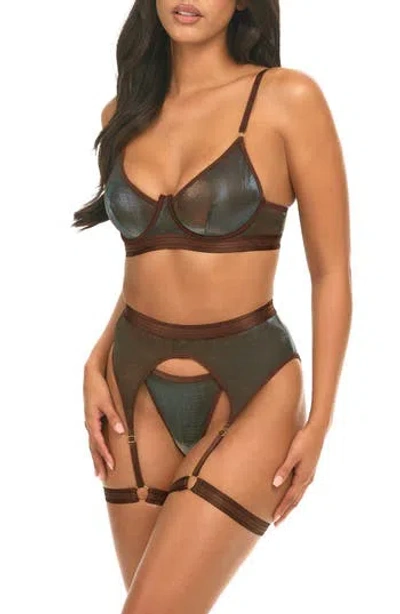 Oh La La Cheri Jade Underwire Bra, Strappy Garter Belt & Panties Set In Green
