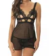 Oh La La Cheri Janet Eyelash Lace And Mesh Babydoll Set In Black In Black