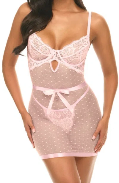 Oh La La Cheri Josie Babydoll Chemise & G-string Set In Pink Tulle