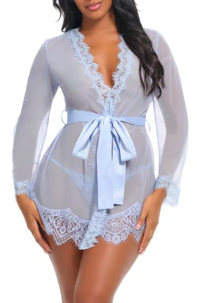 Oh La La Cheri Lace Trim Mesh Robe & G-string Set In Blue