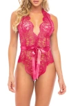 Oh La La Cheri Naomi Plunge Neck Lace Bodysuit In Raspberry Sorbet