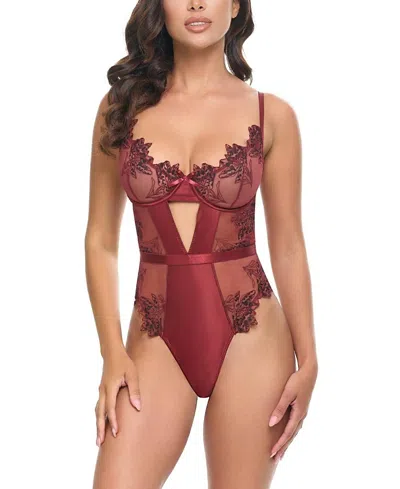 Oh La La Cheri Nina Sheer Teddy Bodysuit In Burgundy