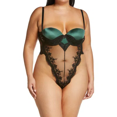 Oh La La Cheri Paulette Lace Trim Satin Thong Bodysuit In Dark Green/black
