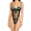 Oh La La Cheri Paulette Lace Trim Satin Thong Bodysuit In Dark Green/black