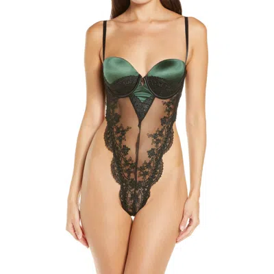 Oh La La Cheri Paulette Lace Trim Satin Thong Bodysuit In Dark Green/black