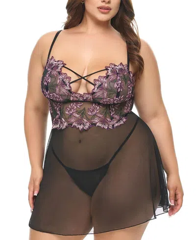 Oh La La Cheri Plus Adela Floral Sheer Babydoll In Black