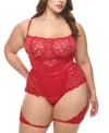 Oh La La Cheri Plus Candice Satin & Lace Teddy In Red