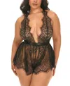 Oh La La Cheri Plus Size Brea Eyelash Lace Romper With Open Back In Black