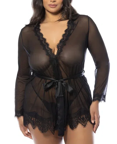 OH LA LA CHERI PLUS SIZE PROVENCE EYELASH LACE ROBE WITH SASH AND G-STRING PANTY