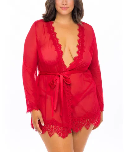 OH LA LA CHERI PLUS SIZE PROVENCE EYELASH LACE ROBE WITH SASH AND G-STRING PANTY