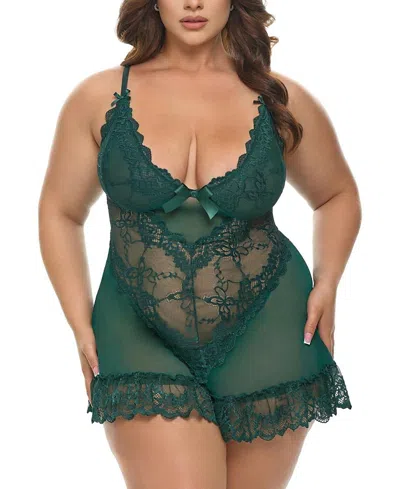 Oh La La Cheri Plus Valentine Soft Cup Lace Babydoll With Bows And G-string Panty In Green