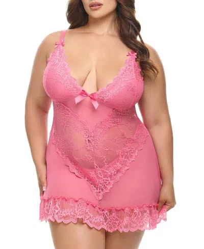 Oh La La Cheri Plus Valentine Soft Cup Lace Babydoll With Bows And G-string Panty In Pink