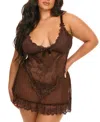 Oh La La Cheri Plus Valentine Soft Cup Lace Babydoll With Bows And G-string Panty In Puce