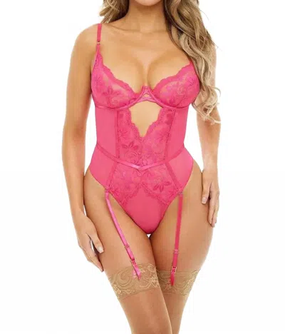 Oh La La Cheri Tiffanie Galloon Lace And Mesh Teddy In Pink Yarrow