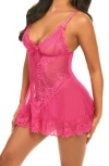Oh La La Cheri Valentine Soft Cup Babydoll Chemise & G-string Thong In Pink Yarrow