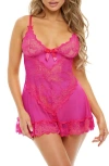 Oh La La Cheri Valentine Soft Cup Lace Babydoll With Bows And G-string Panty In Raspberry Sorbet
