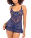 Oh La La Cheri Plus Valentine Soft Cup Lace Babydoll With Bows And G-string Panty In Estate Blue