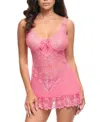 Oh La La Cheri Valentine Soft Cup Lace Babydoll With Bows And G-string Panty In Pink