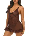 Oh La La Cheri Valentine Soft Cup Lace Babydoll With Bows And G-string Panty In Puce