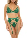 Oh La La Cheri Women's 3-piece Myla Lace Bra & Garter Belt Set In Ultramarine Green