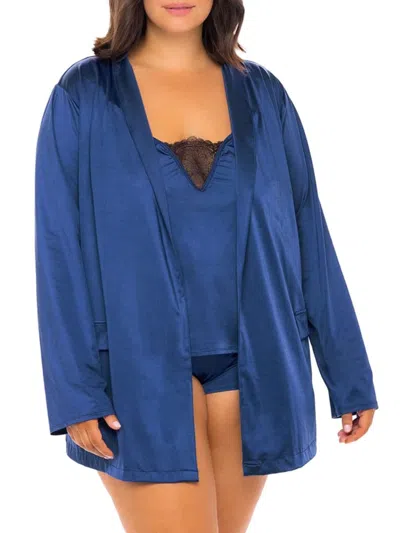 Oh La La Cheri Women's Plus Saskia Satin & Lace Belted Robe In Blue