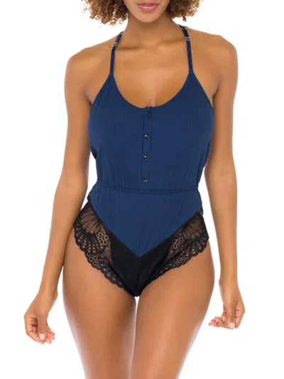 Oh La La Cheri Women's Scoopneck Lace Trim Bodysuit In Blue