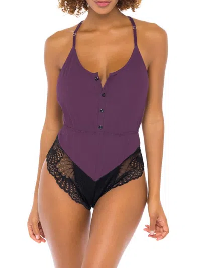 Oh La La Cheri Women's Scoopneck Lace Trim Bodysuit In Italian Plum